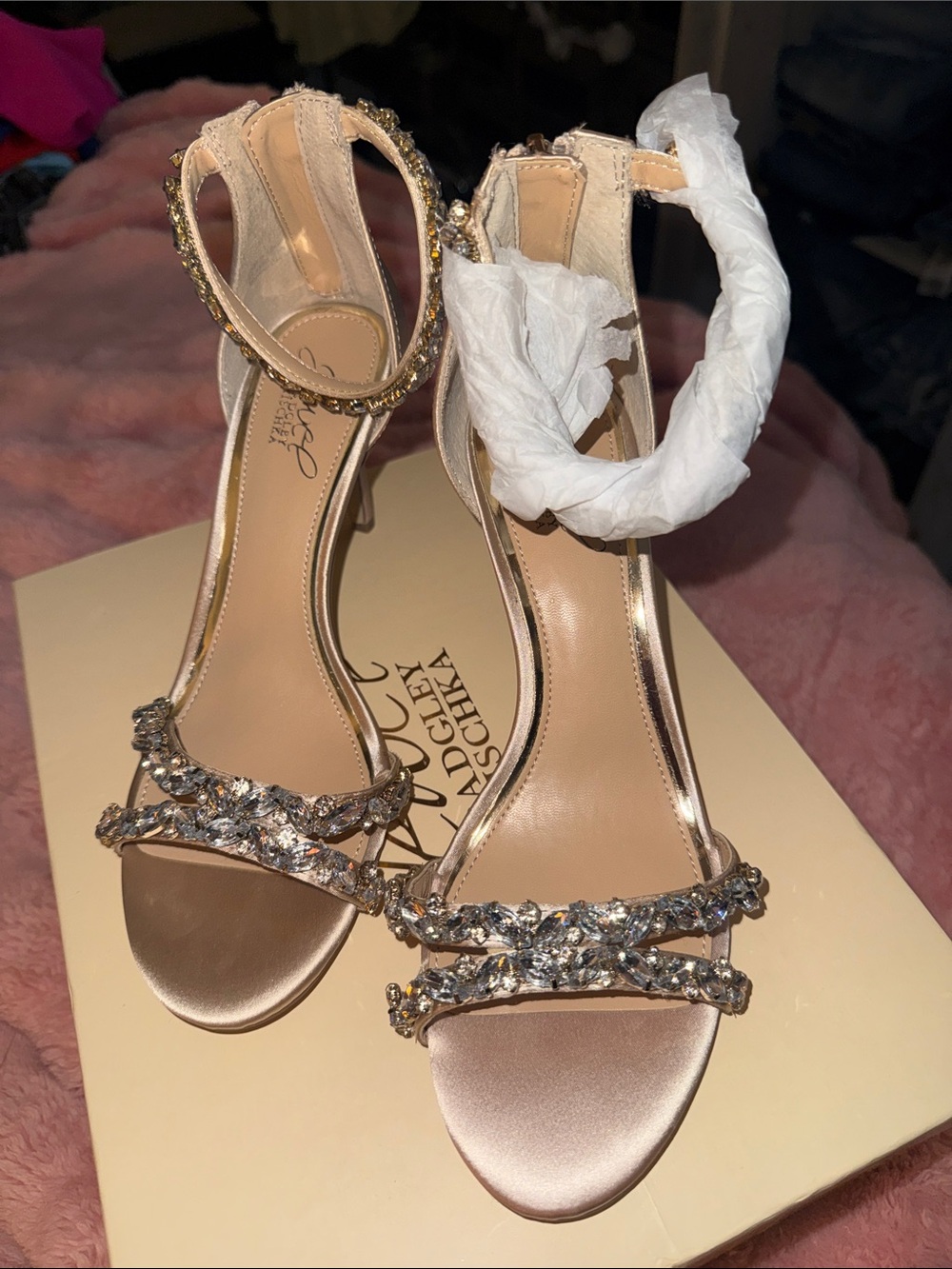 Badgley Mischka Champagne Gold Crystal-Strap Heels
